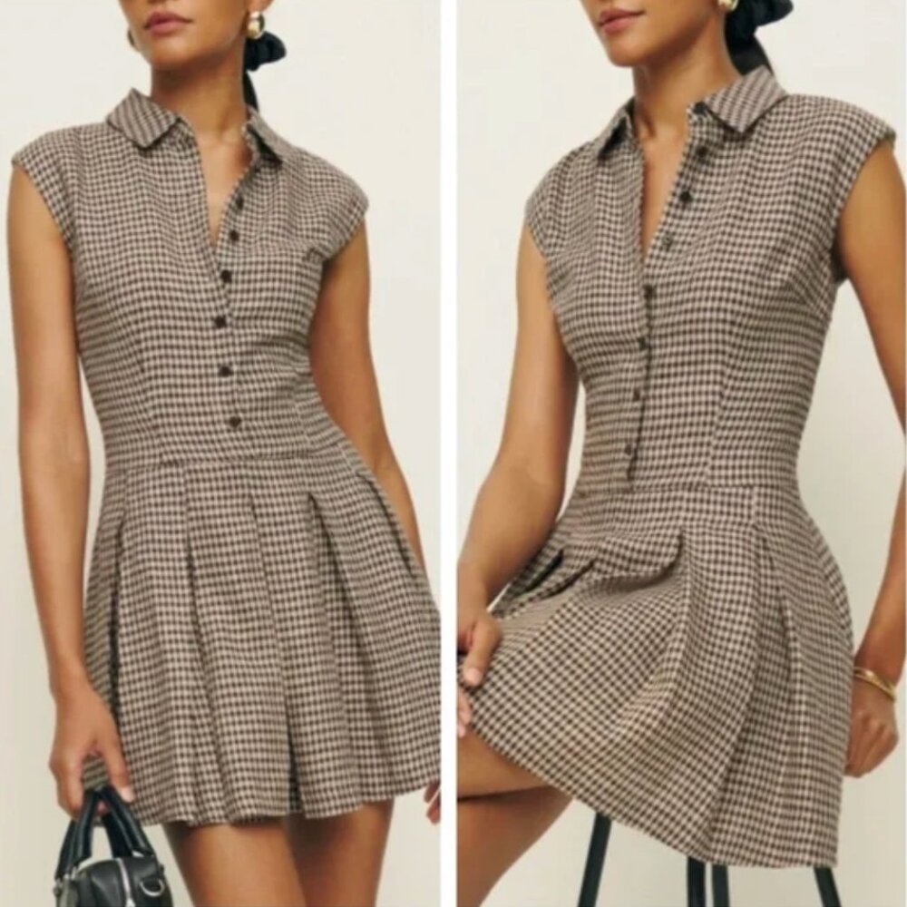 Reformation Arella Linen Mini Dress Sz2 Tartine Check